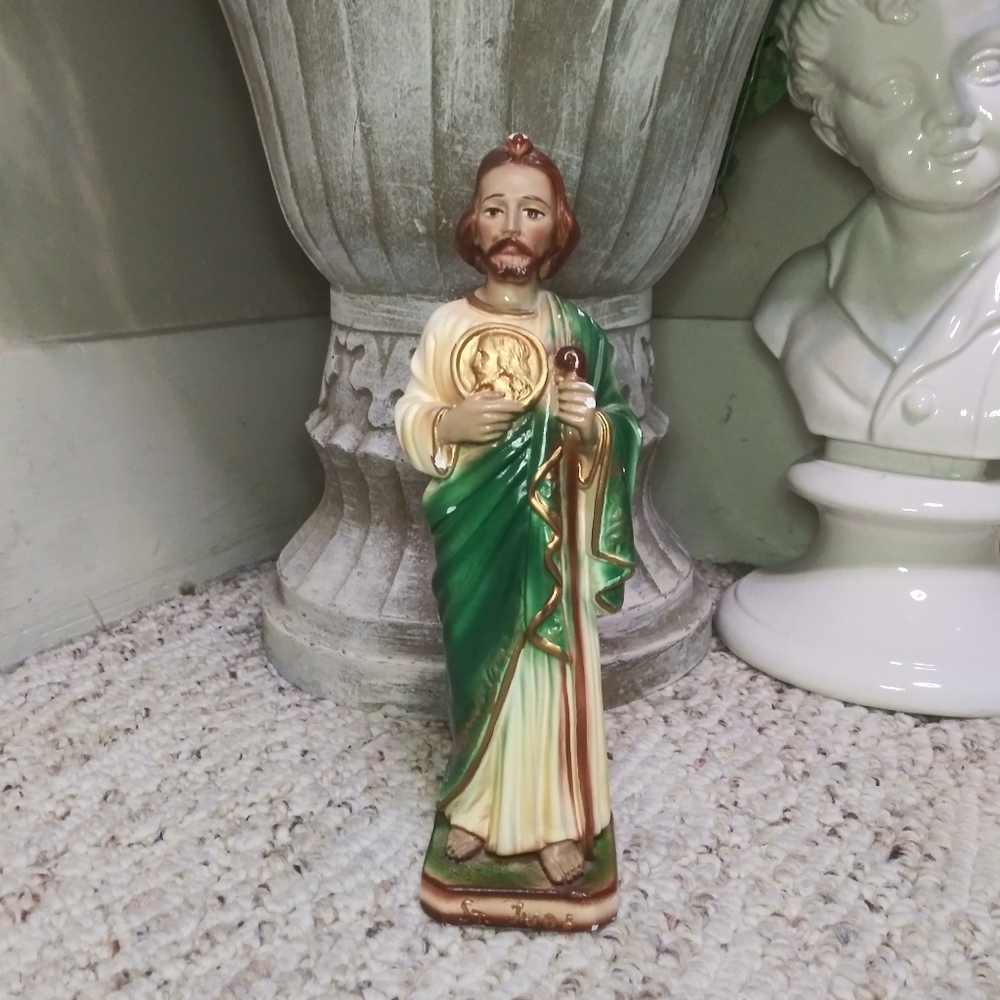 Vintage Green, Gold & Ivory Painted Chalk St. Jude Statue Made In Italy